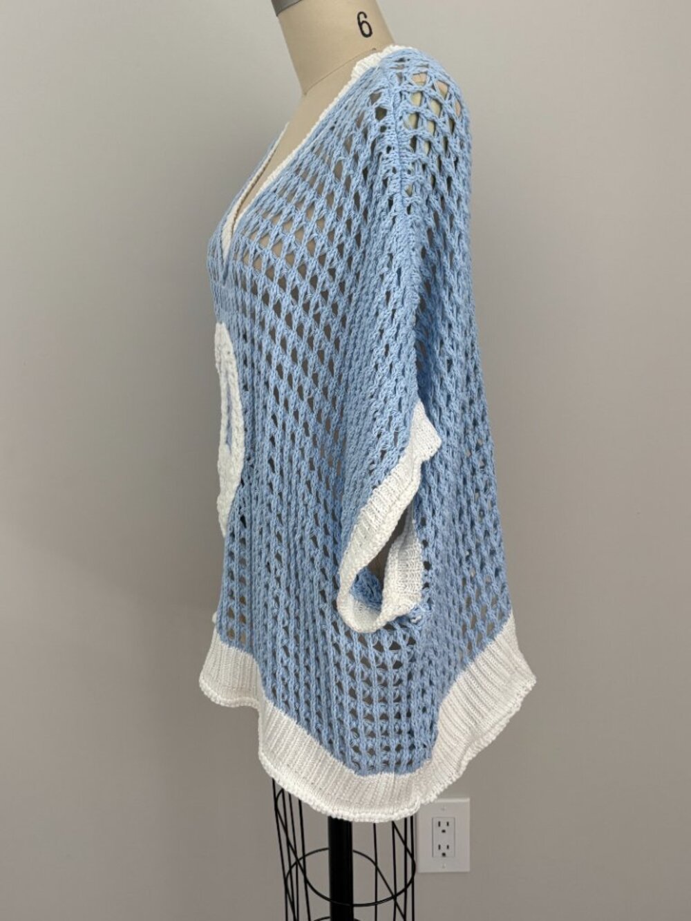 POL Sky Blue Crochet Peace Sign Knit Sweater Boho Coastal Festival Fairy Beach L - Picture 2 of 8
